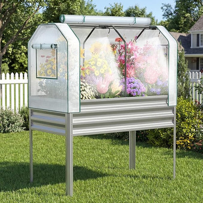 Lineware Galvanized Raised Garden Bed with Self-Watering System, Elevated Planter Boxes Outdoor with Legs and PE Cover for Vegetables and Flowers, Backyard, Patio, Balcony, 48x24x56 in