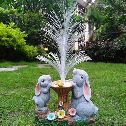 Solar Rabbit Garden Statues Outdoor Decor with LED Lights, Resin Rabbits Figurine Lights Decorations Colour Changing Fiber Optical Light, Outside Lawn Decor for Yard, Unique Housewarming Gift
