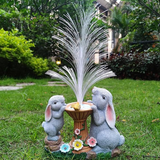 Solar Rabbit Garden Statues Outdoor Decor with LED Lights, Resin Rabbits Figurine Lights Decorations Colour Changing Fiber Optical Light, Outside Lawn Decor for Yard, Unique Housewarming Gift