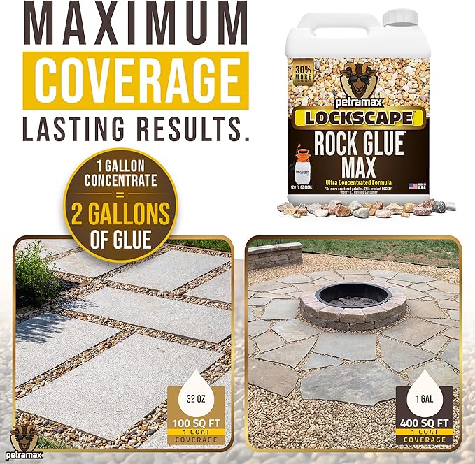 Petra Max Rock Glue for Landscaping, 4 Gal - Wide Coverage & Pet Safe Mulch Glue for Rocks - Lockdown Gravel/Pebbles/Stones - Sticky Clear Gravel Binder & Decomposed Granite Stabilizer (1Gal x4)