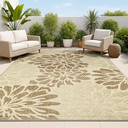 JONATHAN Y Floral Textured Weave Indoor Outdoor Area Rug 10X14 Sage/Brown, Zinnia Modern for Backyard, Patio, Porch, Easy-Cleaning, High Traffic, Pet-Friendly, Non-Shedding (SMB110A-14)