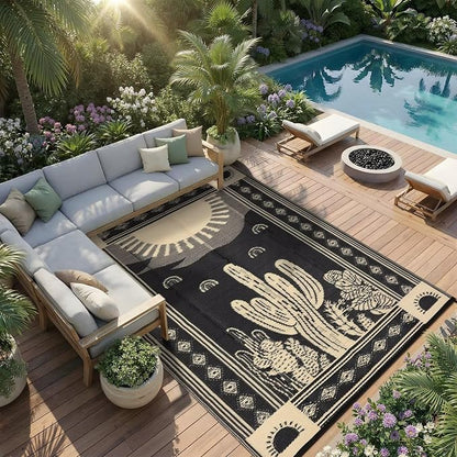 Garvee Waterproof Outdoor Rug 5x8, Cactus Botanical Outdoor Plastic Straw Rug for Camping, Reversible RV Mat Outside, Indoor Outdoor Carpet for Porch, Deck, Backyard, Balcony, Picnic, Black & Brown