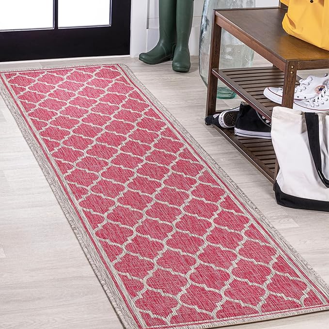 JONATHAN Y Moroccan Trellis Indoor Outdoor Runner Rug 2X10 Fuchsia/Light Gray, Trebol Textured Weave for Backyard, Patio, Porch, Easy-Cleaning, High Traffic, Pet-Friendly, Non-Shedding (SMB109H-210)