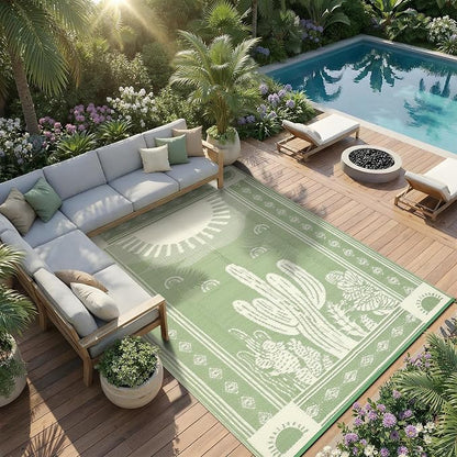 Garvee Waterproof Outdoor Rug 5x8, Cactus Botanical Outdoor Plastic Straw Rug for Camping, Reversible RV Mat Outside, Indoor Outdoor Carpet for Porch, Deck, Backyard, Balcony, Picnic, Sage Green