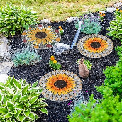 PINPON 3 Pack Gerbera Stepping Stones – 10 Inch Cement Garden Pavers with Colorful Pebble Border, Hand-Painted Outdoor Walkway Stones, Weather-Resistant Decorative Path Stones for Patio & Yard