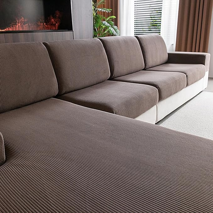 OHSIO Sectional Couch Covers, Wear Resistant Stretch Sofa Covers Washable Soft Couch Cushion Covers Anti Slip Furniture Protector Sofa Slipcovers for Pets (1 Piece Large Cover, Brown)