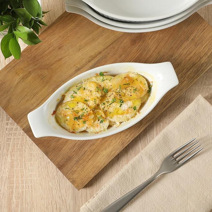 Gibson Home Gracious Dining Oval Au Gratin Baking Dishes, 4-Piece Set – 9 oz Oven Safe Banana Split Bowls, Ceramic Small Casserole Dishes with Handles, Microwave & Dishwasher Safe Mini Bakeware, White