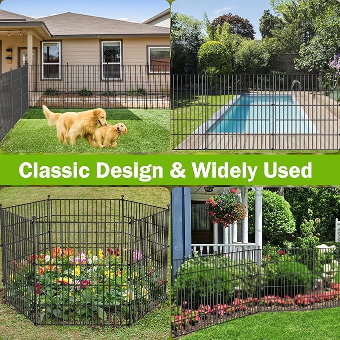 5 Panels No Dig Decorative Outdoor Garden Fence for Yard, 24 in(H) X 10 ft(L) Animal Barrier Fencing Rustproof Metal Wire Panel Border for Dog, Rabbits, and Patio Temporary Ground Stakes