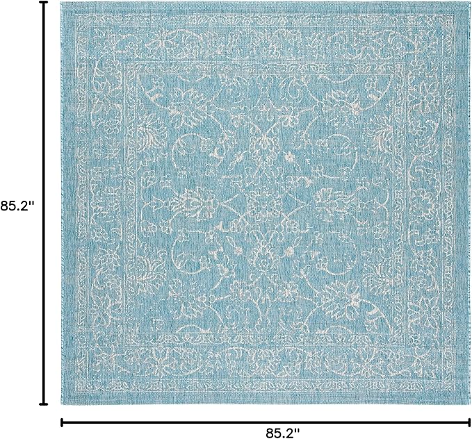 SAFAVIEH Washable Rug Outdoor Courtyard Collection - 7'10" Square, Aqua Blue & Grey, Non-Shedding & Easy Cleaning, Ideal for Patio, Backyard, Mudroom (CY8680-37121)
