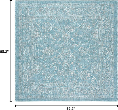 SAFAVIEH Washable Rug Outdoor Courtyard Collection - 7'10" Square, Aqua Blue & Grey, Non-Shedding & Easy Cleaning, Ideal for Patio, Backyard, Mudroom (CY8680-37121)