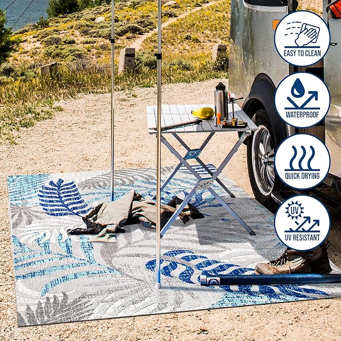 JONATHAN Y Tropics Palm Leaves Indoor Outdoor Area Rug 4X6 Gray/Blue, Boho for Backyard, Patio, Porch, Easy-Cleaning, High Traffic, Pet-Friendly, Non-Shedding (AMC100A-4)