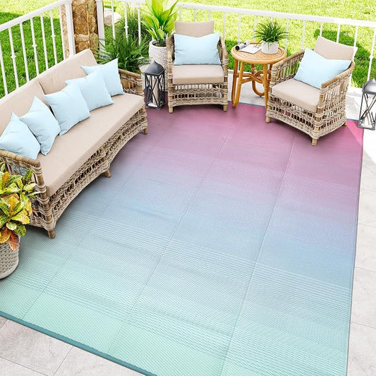 Anidaroel Ombre Camping Rug for Outside RV, 8x10ft Waterproof Outdoor Rug for Patio Clearance, Plastic Straw Outside Area Rug for Deck, Camper, Backyard, Picnic, Beach(Pink& Blue,8'x10')