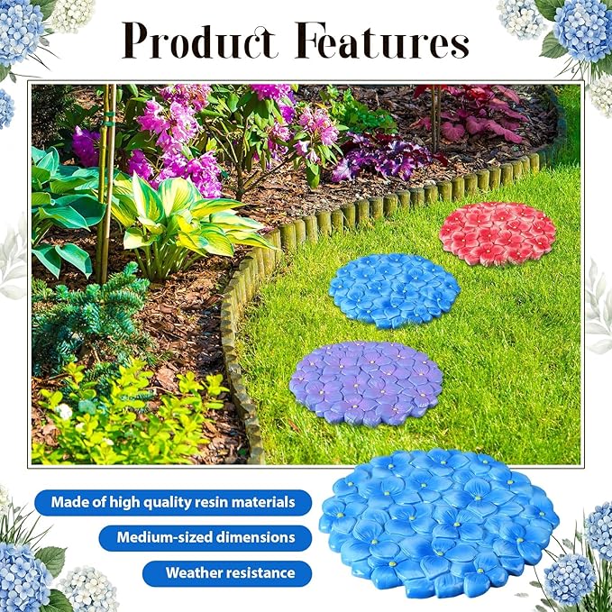 Cinnvoice 3 Pack Garden Stepping Stone Outdoor, Decorative Dimensional Resin Stepping Stones for Patio Pathway Landscaping Walkway Sculpture Yard Backyard Lawn(Hydrangea,10 Inches)