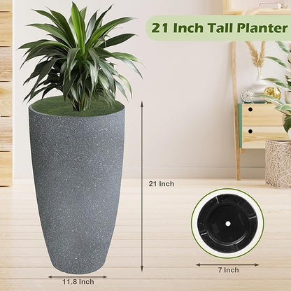 2 Packs 21 inch Tall Planter, Indoor Outdoor Round Planter for Porch, Large Plant Pot with Drainage Hole for Home Garden Front Door, Modern Decorative Pots for Plants (Dark Gray)