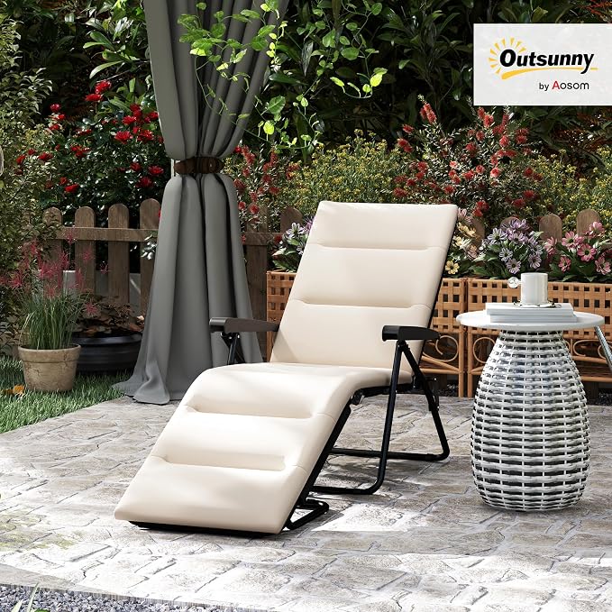 Outsunny Folding Lounge Chair, Reclining Tanning Chair, Sun Lounger with 6-Position Adjustable Back, Padded Cushion for Patio, Garden, Beach, Pool, Beige
