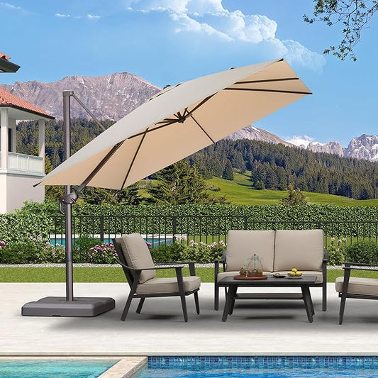 PURPLE LEAF 10 Feet Patio Cantilever Umbrella Square Outdoor Umbrella with 360° Rotation and Aluminum Offset Hanging for Garden Backyard Pool, Beige