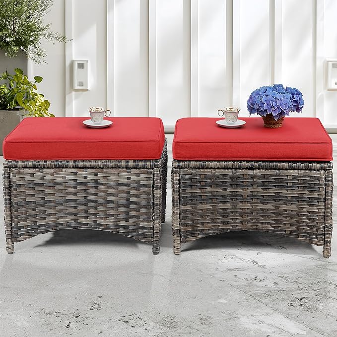 4 Piece Patio Furniture Set, 2 Chairs and 2 Ottomans PE Wicker Footstool, Outdoors Rattan Conversation Set with Deep Seating and Olefin Cushions, for Backyard, Garden, Red