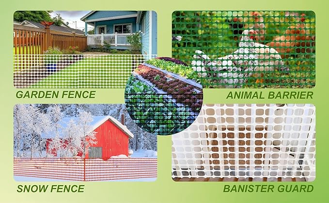 PotatoLife Plastic Mesh Fence Safety Fence, 4'x100' Roll with 100 Zip Ties, Resuable Temporary Netting for Garden Fencing, Construction, Snow Fencing, Animal Barrier, Poultry, Deer, Patio, White