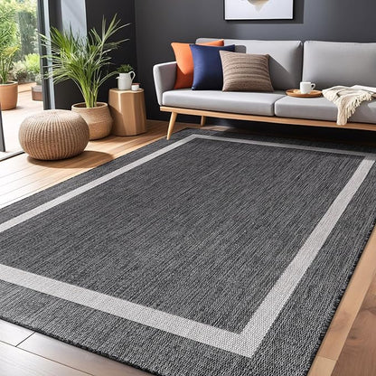 Bordered Outdoor Rug 5x7 Washable Outside Carpet for Indoor Patio Porch Waterproof Easy Cleaning Non Shedding Area Rugs Gray 5 x 7