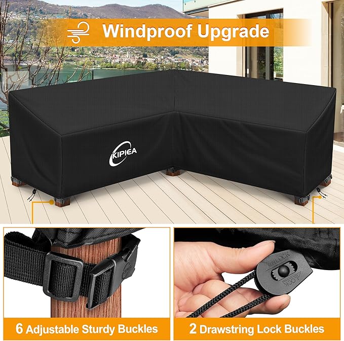 Kipiea Patio V-Shaped Sectional Sofa Cover, 420D Heavy-Duty Oxford Fabric Outdoor Sectional Cover with 6 Windproof Buckles, Anti UV and No Tears, No Fading (105"/105" L x 33.5" D x 31" H) Black