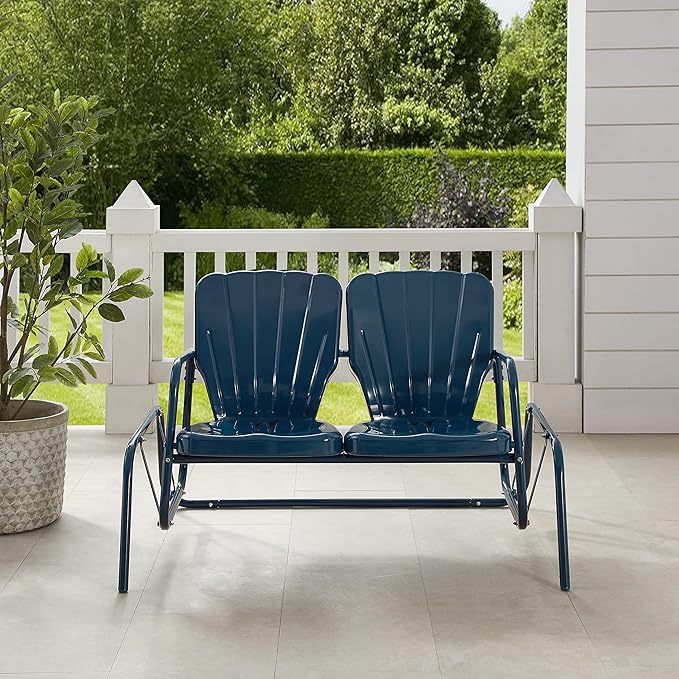 Crosley Furniture Ridgeland Retro Metal Outdoor Loveseat Glider, 2-Person Rocking Patio Bench for Porch, Navy Gloss