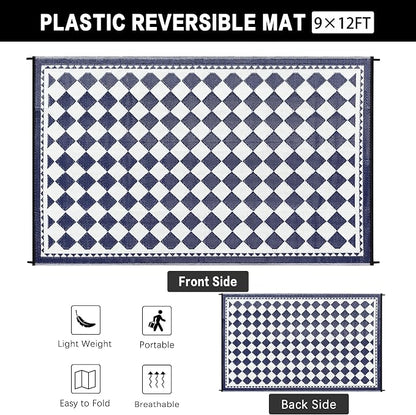 HUGEAR Outdoor Waterproof Rug 9'x12' Plastic Straw Rugs Washable Reversible Floor Mat Blue Plaid Carpet for Camping RV Deck Entryance Porch Picnic Balcony Beach Backyard