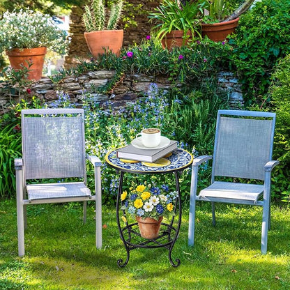 Cinnvoice Outdoor Side Table Round Small Mosaic Patio Accent Indoor End Plant Coffee Tea Table for Yard Patio Porch Garden Living Room, Bedroom(Lemon Style,14 Inch)
