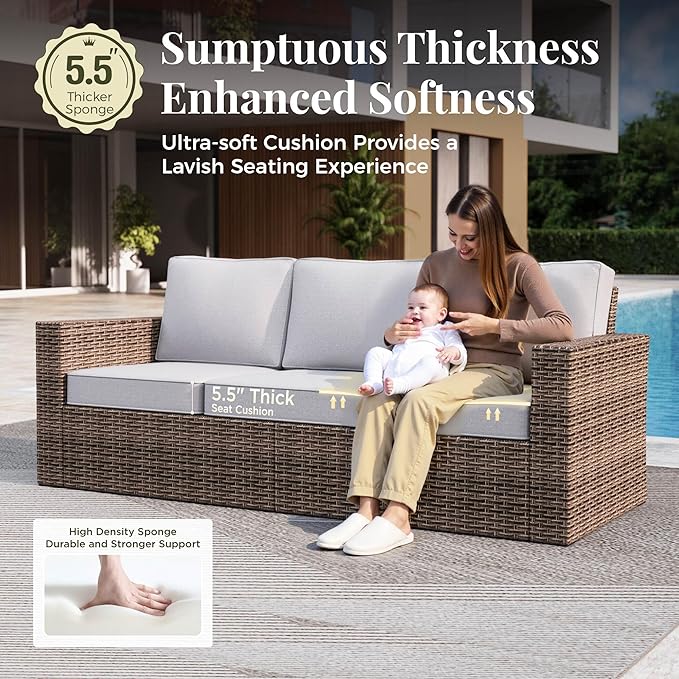 Patio Furniture Set, 6 Pieces Outdoor Furniture Sets, Wicker Conversation Set with Swivel Rocker Chairs, Ottomans and Coffe Table, High Back Conversation Set Garden, Grey