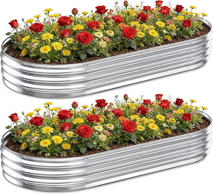 Galvanized Raised Garden Bed Outdoor, 8x4x1ft(2 Pack) Metal Heavy Duty Planter Boxes for Gardening, Easy Assemble Large Oval Plant Container Kit for Vegetable, Flower, Fruit, Silver
