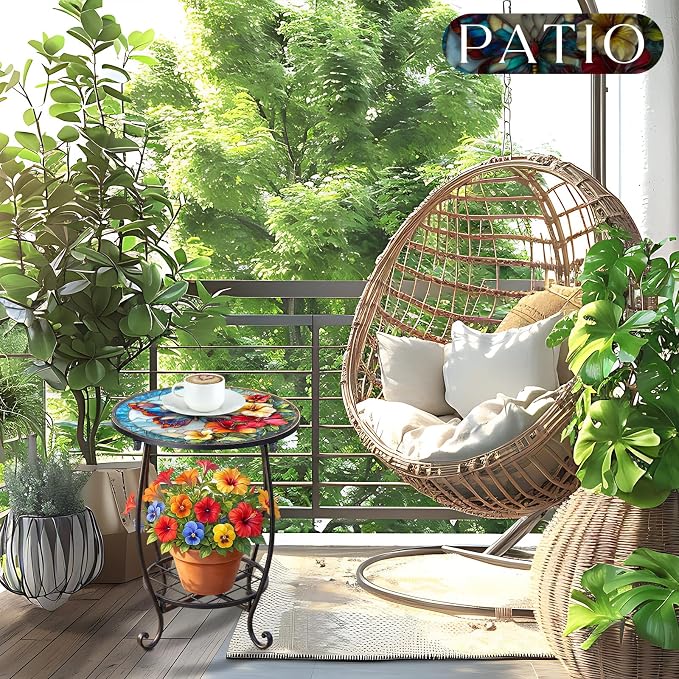 Cinnvoice Outdoor Side Table Round Small Mosaic Patio Accent Indoor End Plant Coffee Tea Table for Yard Patio Porch Garden Living Room, Bedroom(Butterfly C Style,14 Inch)