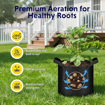 iPower 5-Pack 10 Gallon Plant Grow Bags Thickened Nonwoven Aeration Fabric Pots Heavy Duty Durable Container, Strap Handles for Garden, Black New