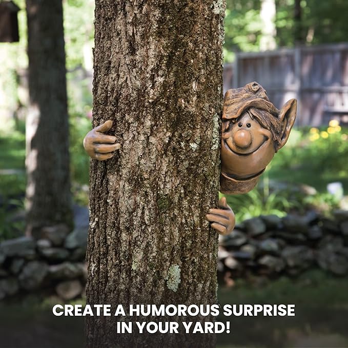 Bits and Pieces - Elf Tree Hugger - Yard Decorations - Whimsical Tree Sculpture - Garden Decoration - Garden Peeker Yard Art