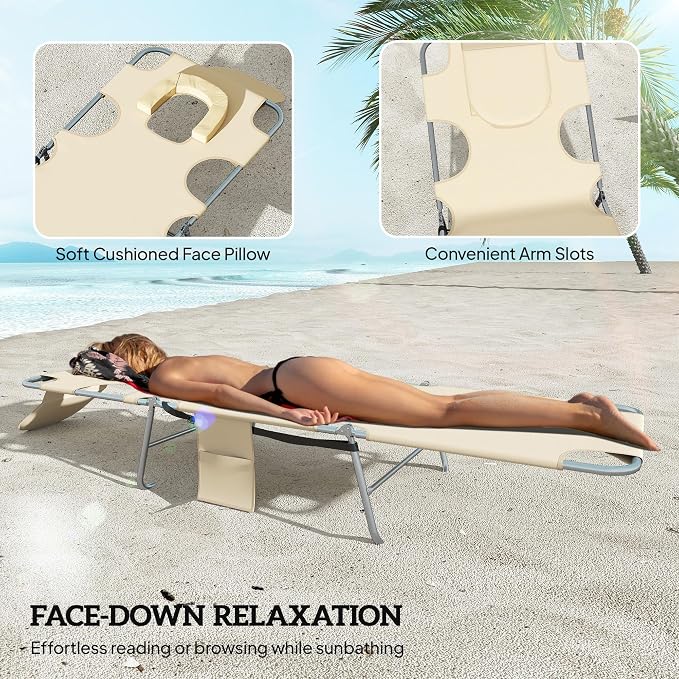 Outsunny Chaise Lounge Chair Outdoor Set of 2 w/Face Arm Hole Beige | 5-Position Reclining, Face Down, Carry Strap, Side Pocket, Portable, Folding Tanning Bed Cot, for Patio Beach Pool