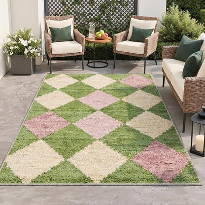 GENIMO Outdoor & Indoor Area Rug 5'x7', Waterproof, Non-Shedding, Easy Cleaning, Diamond Check Mat for Patio, Entryway, Porch, Living Room, Bedroom, Outside Carpet, Moss Green