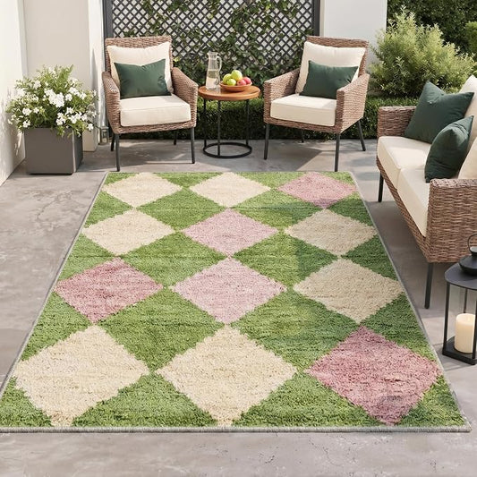 GENIMO Outdoor & Indoor Area Rug 5'x7', Waterproof, Non-Shedding, Easy Cleaning, Diamond Check Mat for Patio, Entryway, Porch, Living Room, Bedroom, Outside Carpet, Moss Green