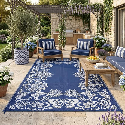 Garvee Outdoor Rugs 8’x10’ Waterproof Reversible Mats, Large Area Plastic Straw Rug, Outside Carpet, Butterfly Floral Rv Mat for Patio Camping Picnic Backyard Deck Balcony Porch Beach Trailer