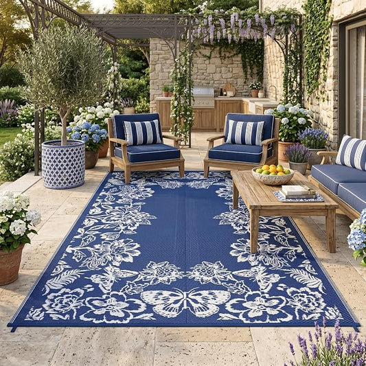 Garvee Outdoor Rugs 8’x10’ Waterproof Reversible Mats, Large Area Plastic Straw Rug, Outside Carpet, Butterfly Floral Rv Mat for Patio Camping Picnic Backyard Deck Balcony Porch Beach Trailer