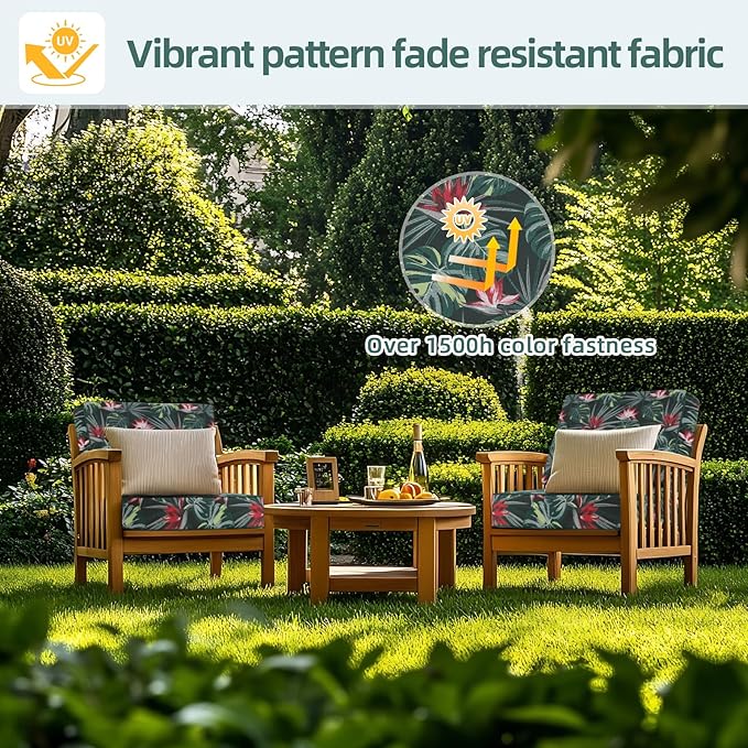Favoyard Deep Seat Patio Cushion 24 x 24 x 4 in Waterproof Seat & Back Cushion Set with Color Fade Resisitant Pattern, Portable Handle, Attach Straps, Zipper on Removable Cover for Outdoor Furniture