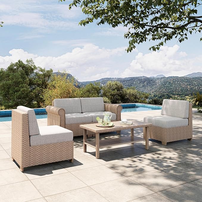 HERA'S HOUSE Patio Furniture Set, All Weather 4 Seats Outdoor Sectional Wicker Sofa with 44" Coffee Table, 5.5" Thick Waterproof Cushion Modular Conversation 5 Pieces Sofa Set for Garden Deck Backyard