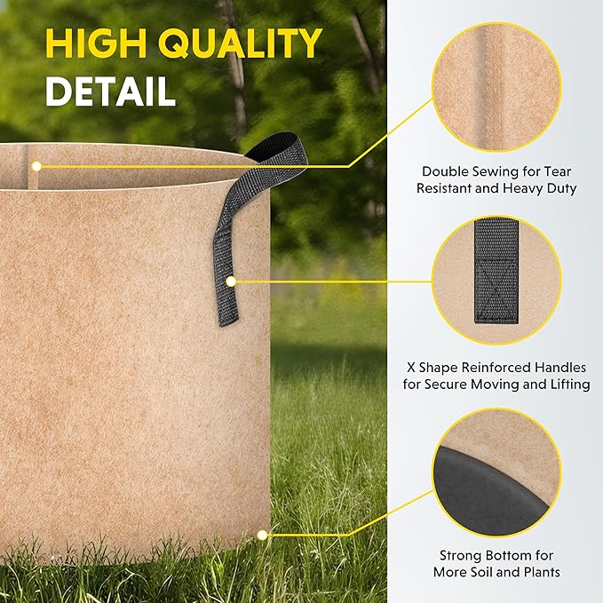 iPower 5-Pack 1 Gallon Plant Grow Bags Thickened Nonwoven Aeration Fabric Pots Heavy Duty Durable Container, Strap Handles for Garden, Tan