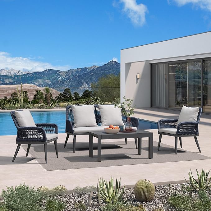 PURPLE LEAF 4-Piece Patio Conversation Set – Wicker Outdoor Furniture with Aluminum Table, 3 Rattan Chairs for 4 People, Thick Sofa Cushions, Ideal for Garden, Backyard, Lawn, or Poolside, Grey