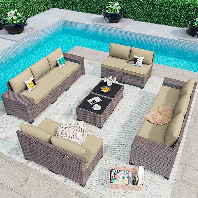 12PCS Outdoor Patio Furniture Set,PE Rattan Wicker Patio Conversation Set with Washable Cushions & Glass Coffee Table,Patio Sectional Furniture Set for Garden, Poolside, Backyard,Sand