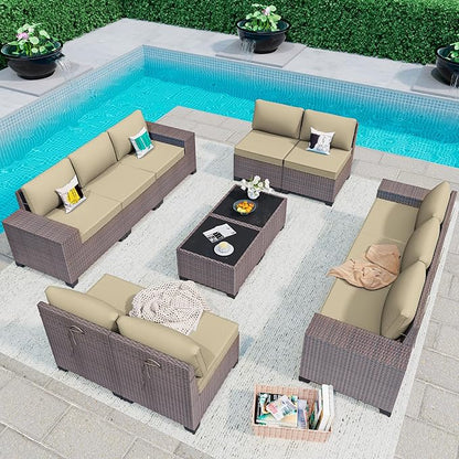 12PCS Outdoor Patio Furniture Set,PE Rattan Wicker Patio Conversation Set with Washable Cushions & Glass Coffee Table,Patio Sectional Furniture Set for Garden, Poolside, Backyard,Sand