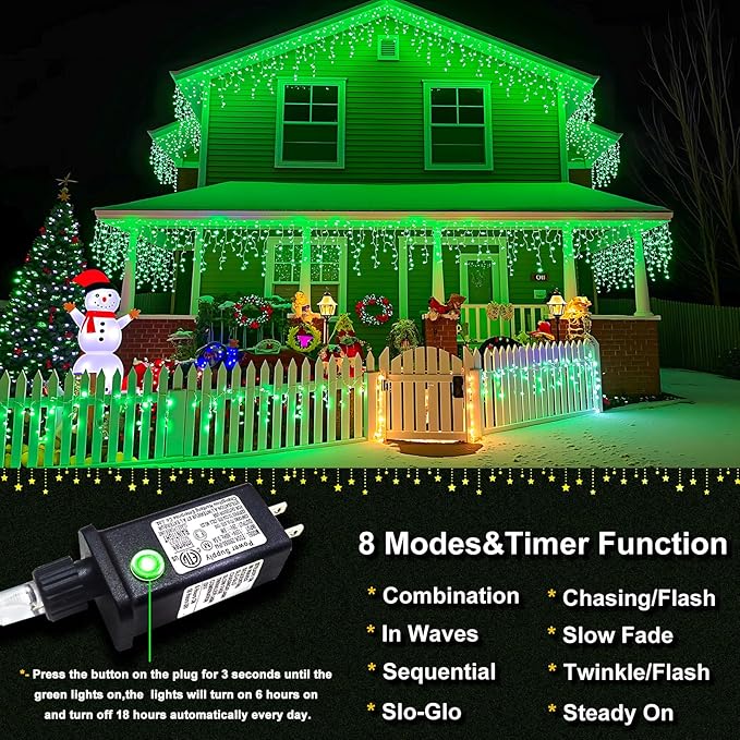 400 LED Icicle Christmas Lights Outdoor - 33FT Icicle Lights for Outside 8 Modes with 75 Drops, Plug in Waterproof Connectable Fairy String Lights for Indoor Holiday Party Christmas Decoration,Green