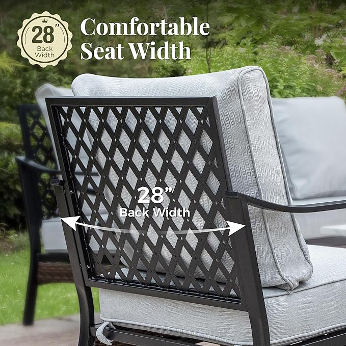 Patio Furniture Set with Firepit Table, Black Frame Outdoor Conversation Set with 2 x Rocking Chairs, 1 x 3-Seat Sofa for Lawn Garden Backyard, Light Grey
