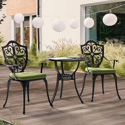 NUU GARDEN Outdoor 3-Piece Bistro Set with Cushions, Round 24 Inch Cast Aluminum Bistro Table with 2.17" Umbrella Hole, 2 Cast Aluminum Bistro Chairs, for Patio, Garden, Backyard and Balcony, Black