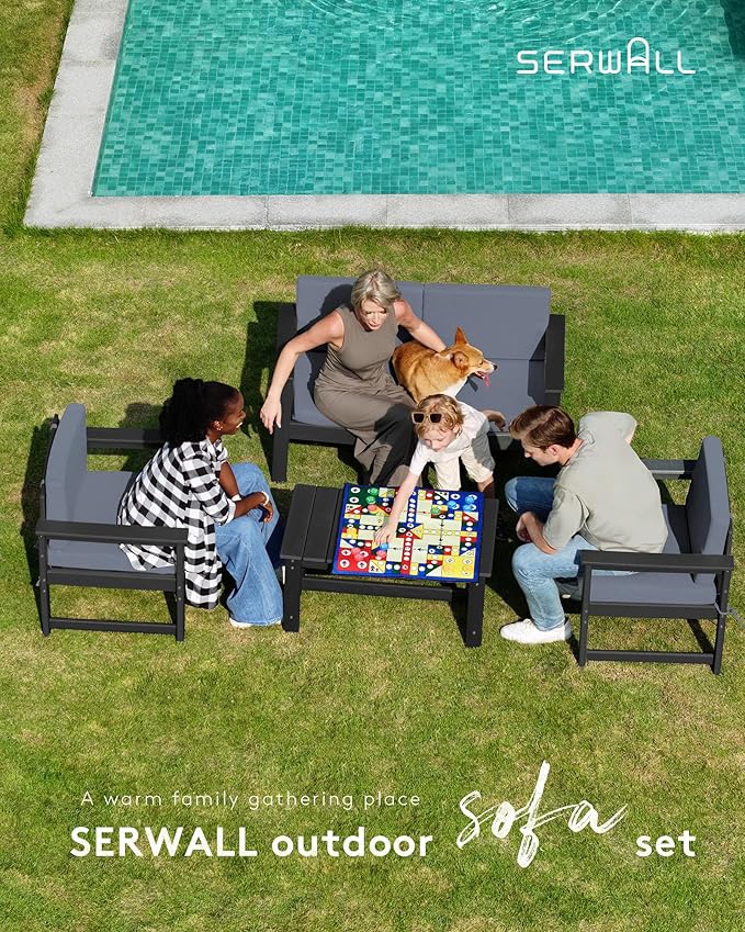 SERWALL 3 Pieces HDPE Outdoor Sofa Bistro Set with Cushions, Outdoor Furniture Sofa Sets with Coffee Table and Cushions, All Weather Conversation Social Set, Black Frame and Grey Cushion