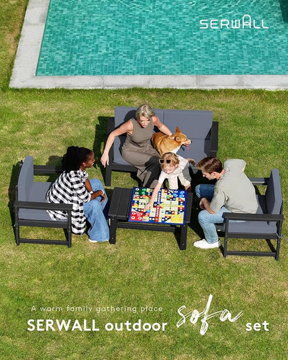 SERWALL 3 Pieces HDPE Outdoor Sofa Bistro Set with Cushions, Outdoor Furniture Sofa Sets with Coffee Table and Cushions, All Weather Conversation Social Set, Black Frame and Grey Cushion