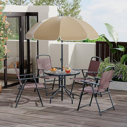 Outdoor Dining Set With Umbrella, Tempered Glass Top Dining Table and 4 Folding Chairs With Umbrella, 6 Pieces Garden Patio Furniture Set for Garden and Backyard