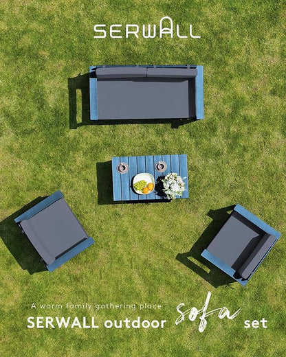 SERWALL 2 Pieces Single Cushioned Lounge Chair, Blue HDPE Outdoor Adirondack Sofa Armchair with Grey Cushion